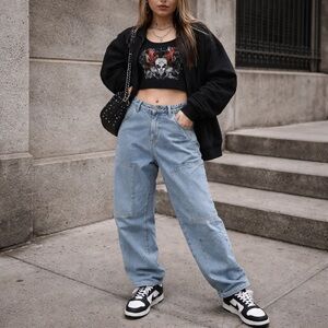 SUMWON Light Wash Panel Cargo Jeans Utility Streetwear Size M